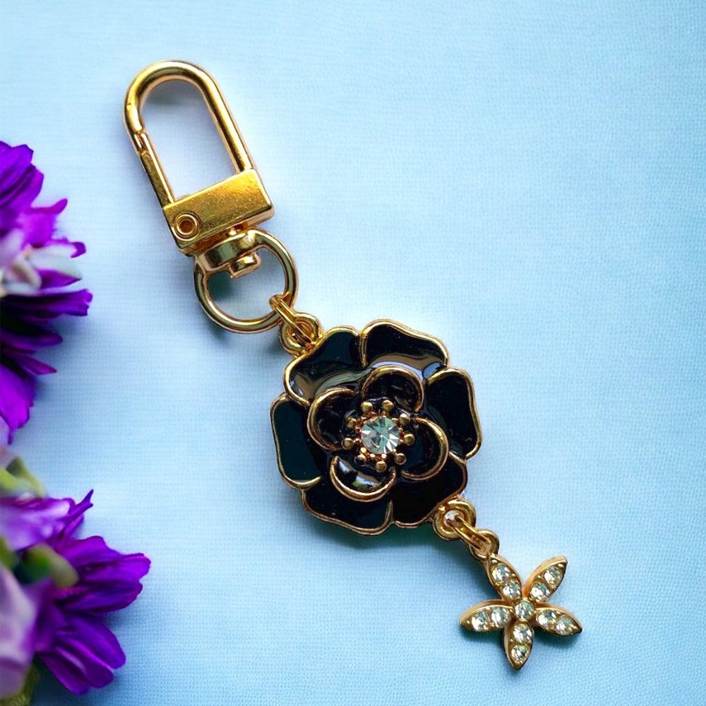 Hand Crafted Fashion Bag Charm - Black Flower Dangle with Flower Charm